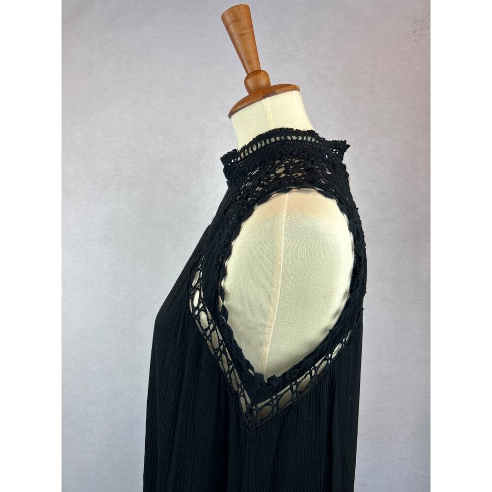 Fate Black Sleeveless Tiered Maxi Dress Lace Crochet Raw Hem Boho - Picture 2 of 13